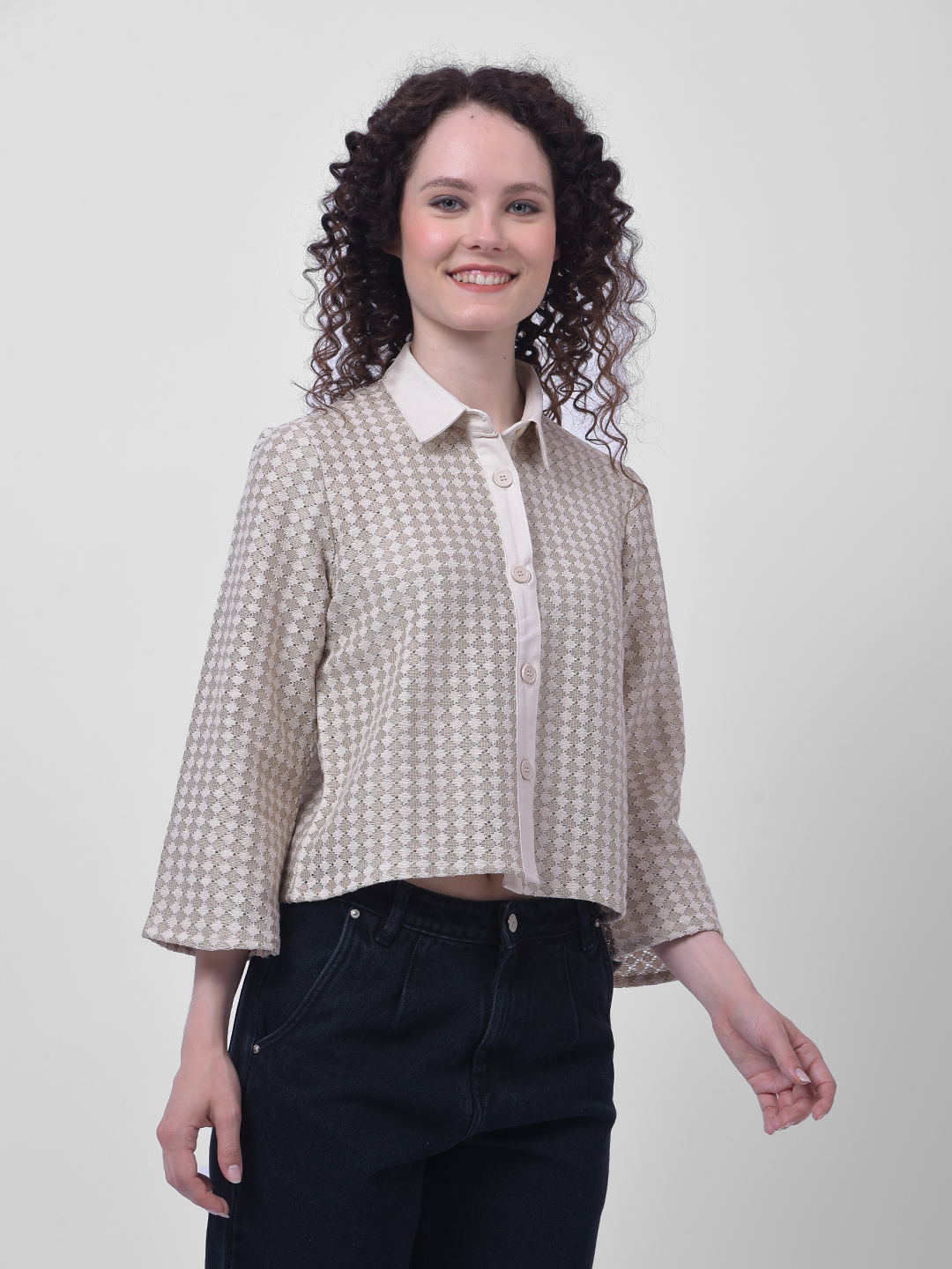 Numero Uno Women Beige Textured Crop Shirt